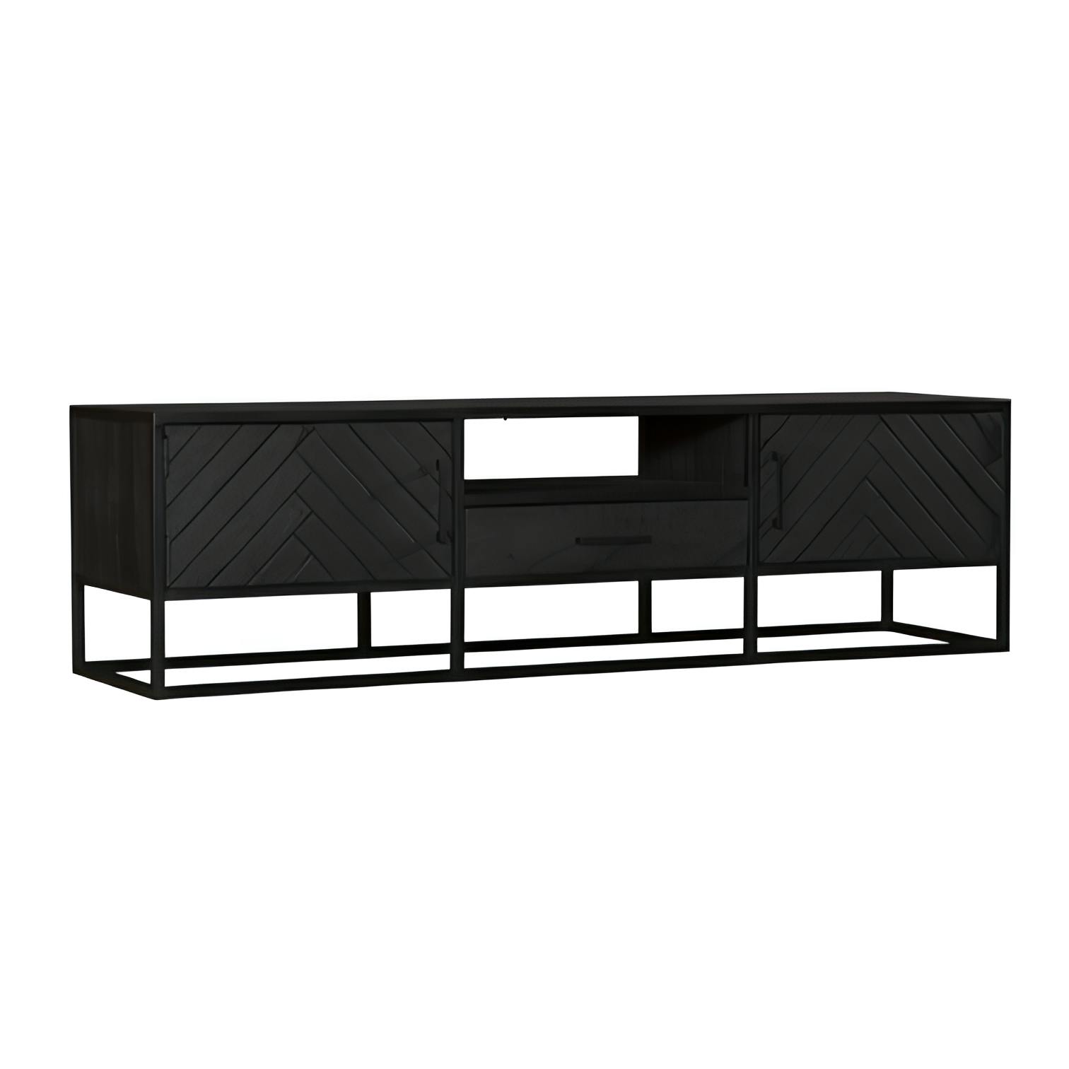 Meuble TV bois noir 2 portes motif chevron ALVERA