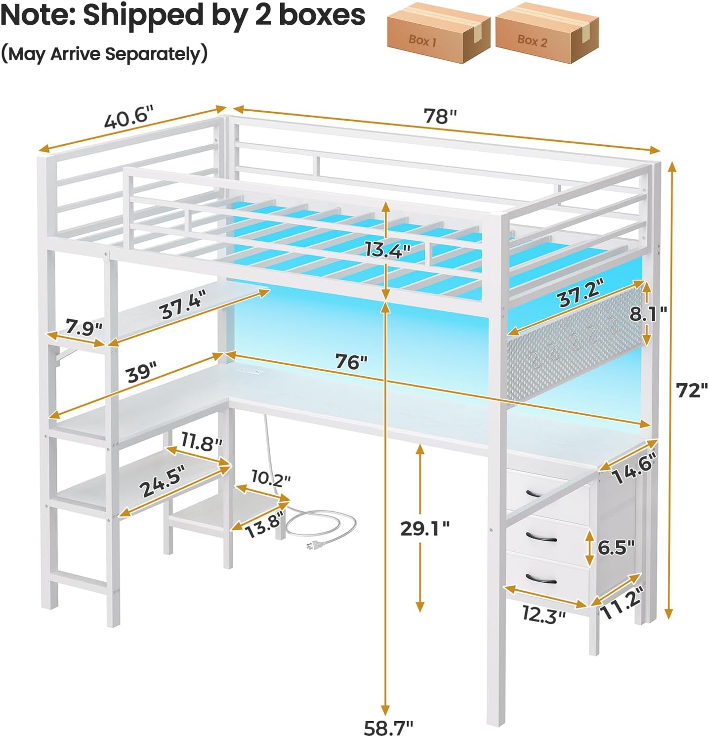ADORNEVE Loft Bed Twin Size with L-Shaped Desk, LED Lights,Charging Station,Twin Metal Loft Bed with Desk, Fabric Drawers & Shelves, 13.4 H Safety Guard, No Box Spring Needed,White