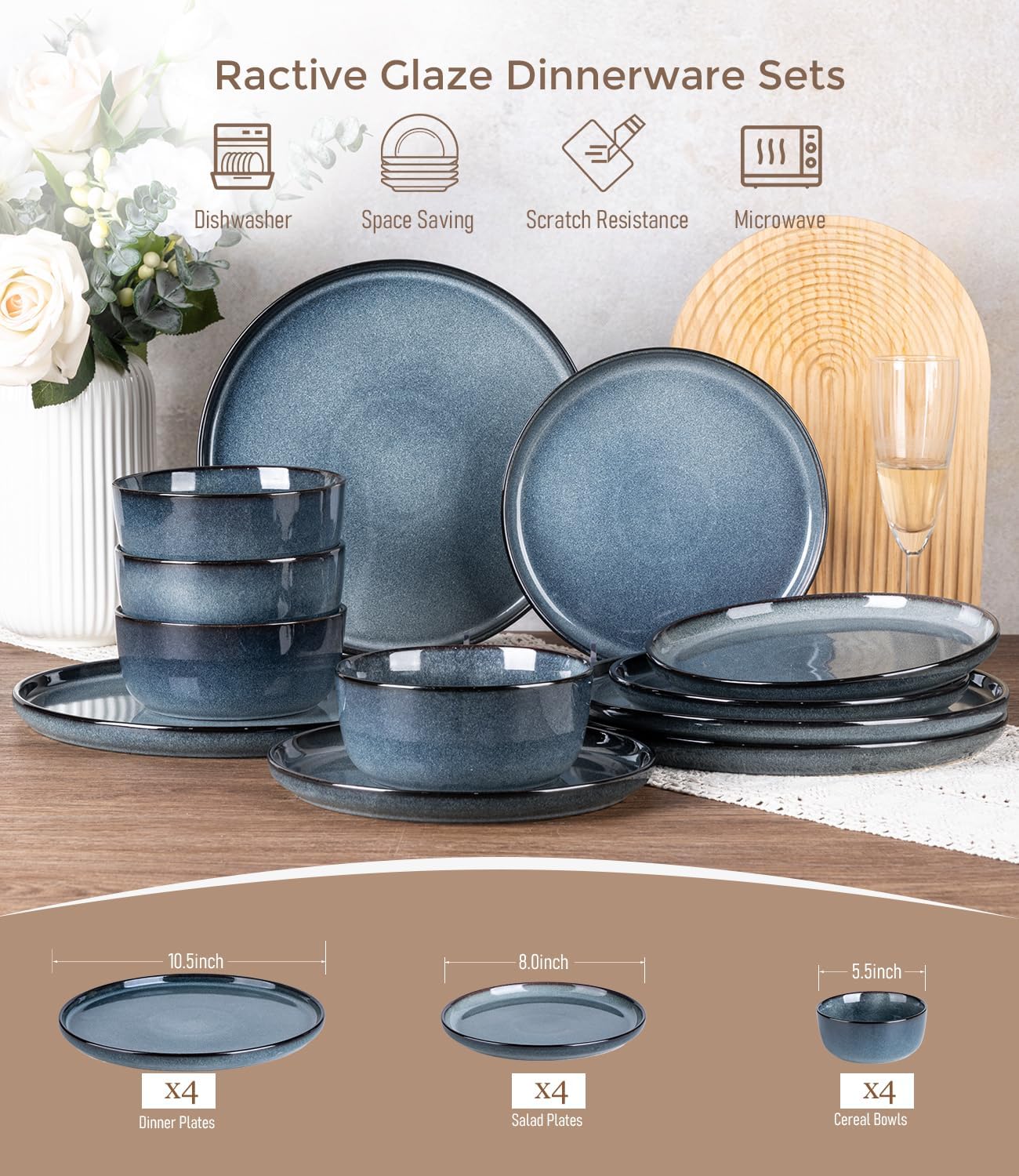 GBHOME Dinnerware Sets for 4, 12 Pieces Stoneware Plates and Bowls Sets, Scratch Resistant Ceramic Dishes, Dishwasher & Microwave Safe, Reactive Glaze-Blue Horizon