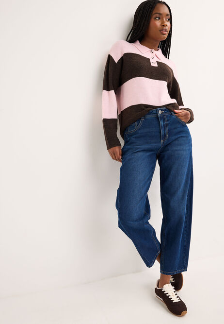 Womens Pink & Brown Stripe Rugby Jumper