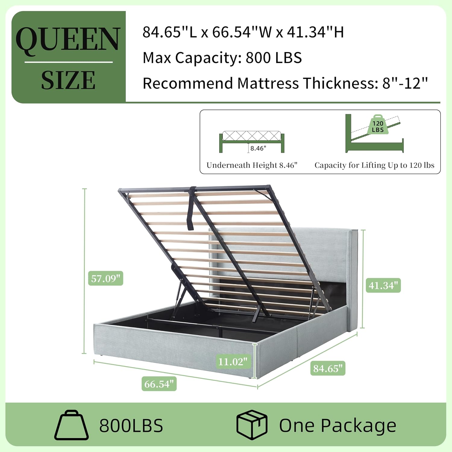 Queen Lift Up Storage Bed, Bed Frame with Storage, Corduroy Upholstered Platform Bed with Wingback Headboard, Hydraulic Support, Wooden Slats, No Box Spring Needed, Easy Assembly, Light Blue