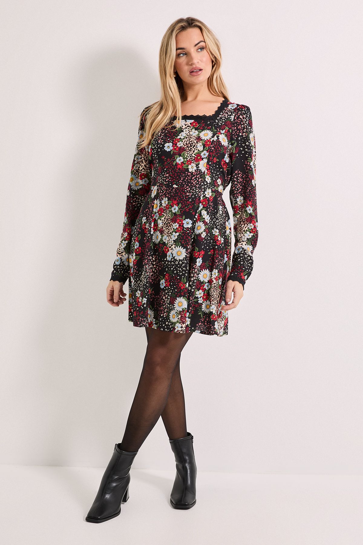 Dorothy Perkins Patchwork Floral Square Neck Lace Trim Mini Dress