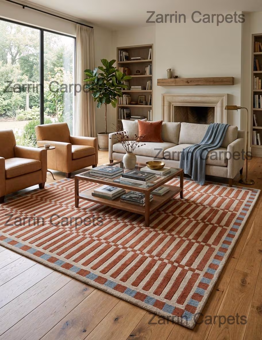 Hand Tufted Wool Area Rug, Geometric Mid Century Boho Decor, Rust Orange Carpet