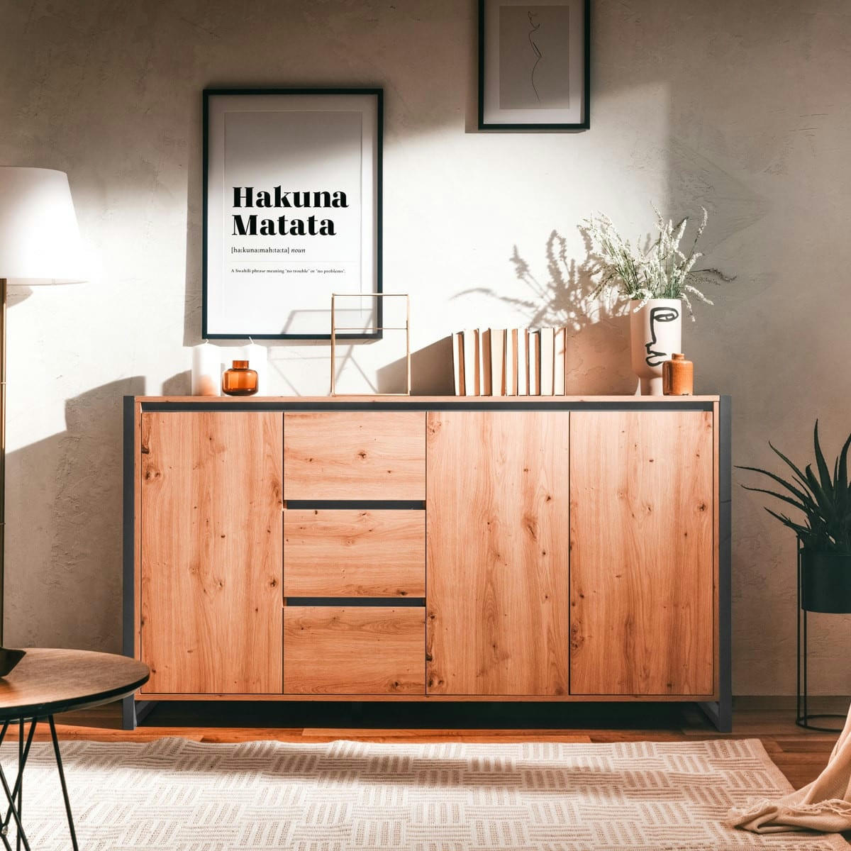 NORA - Buffet effet chêne piètement anthracite 160 cm