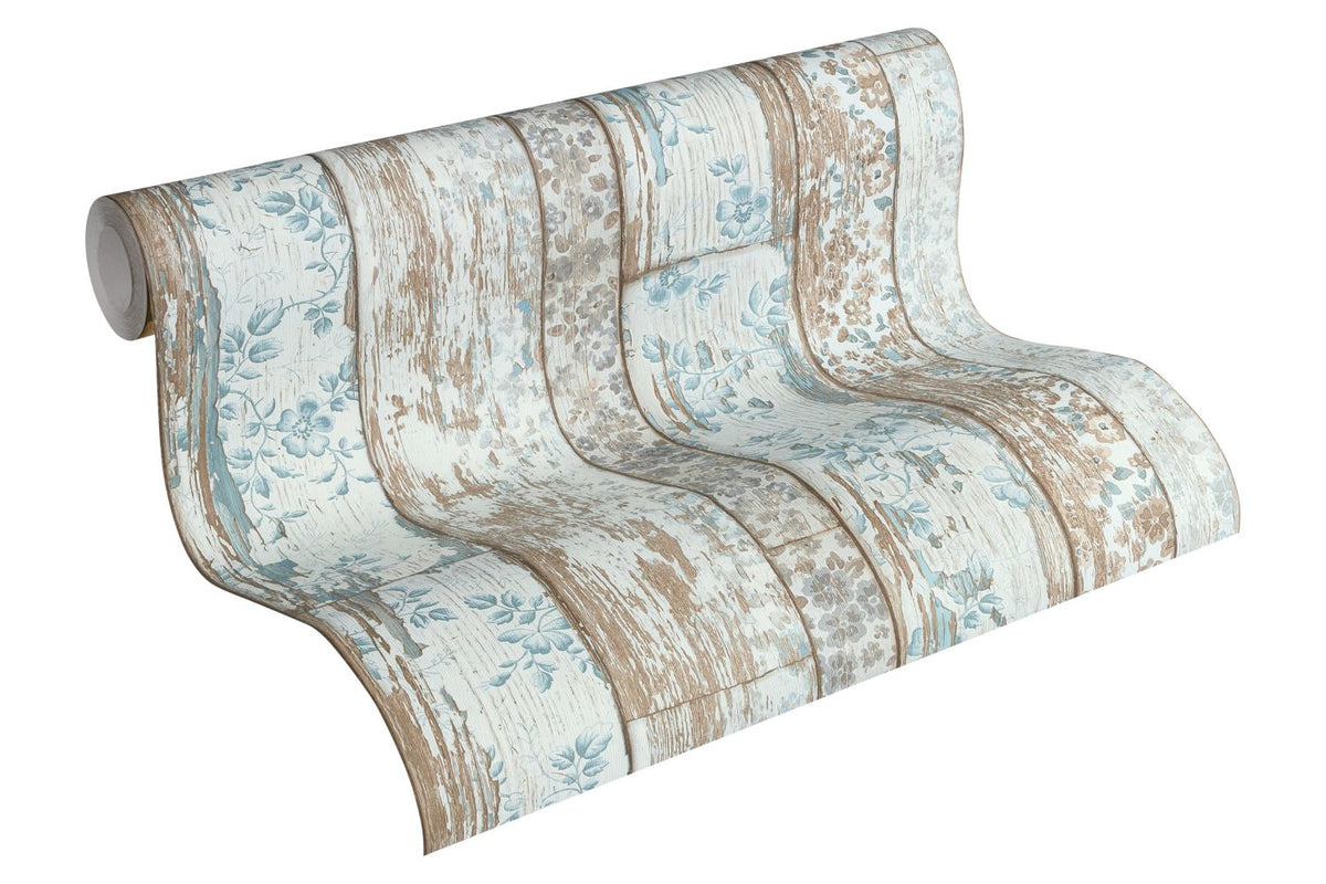 A.S. Création behang verweerde houten planken lichtblauw en beige - 53 cm x 10.05 m - AS-361191