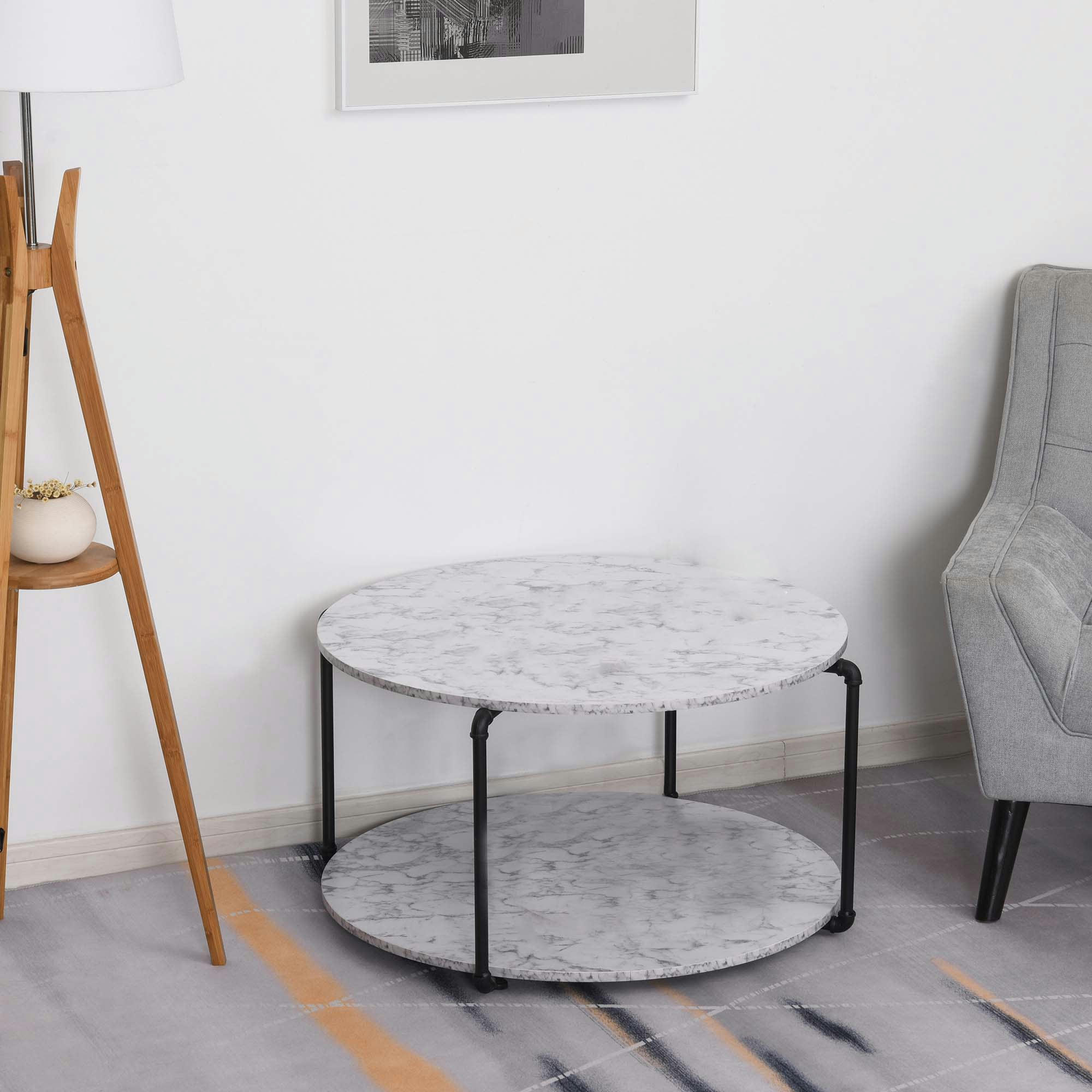 - Table basse ronde avec étagère imitation marbre blanc métal noir