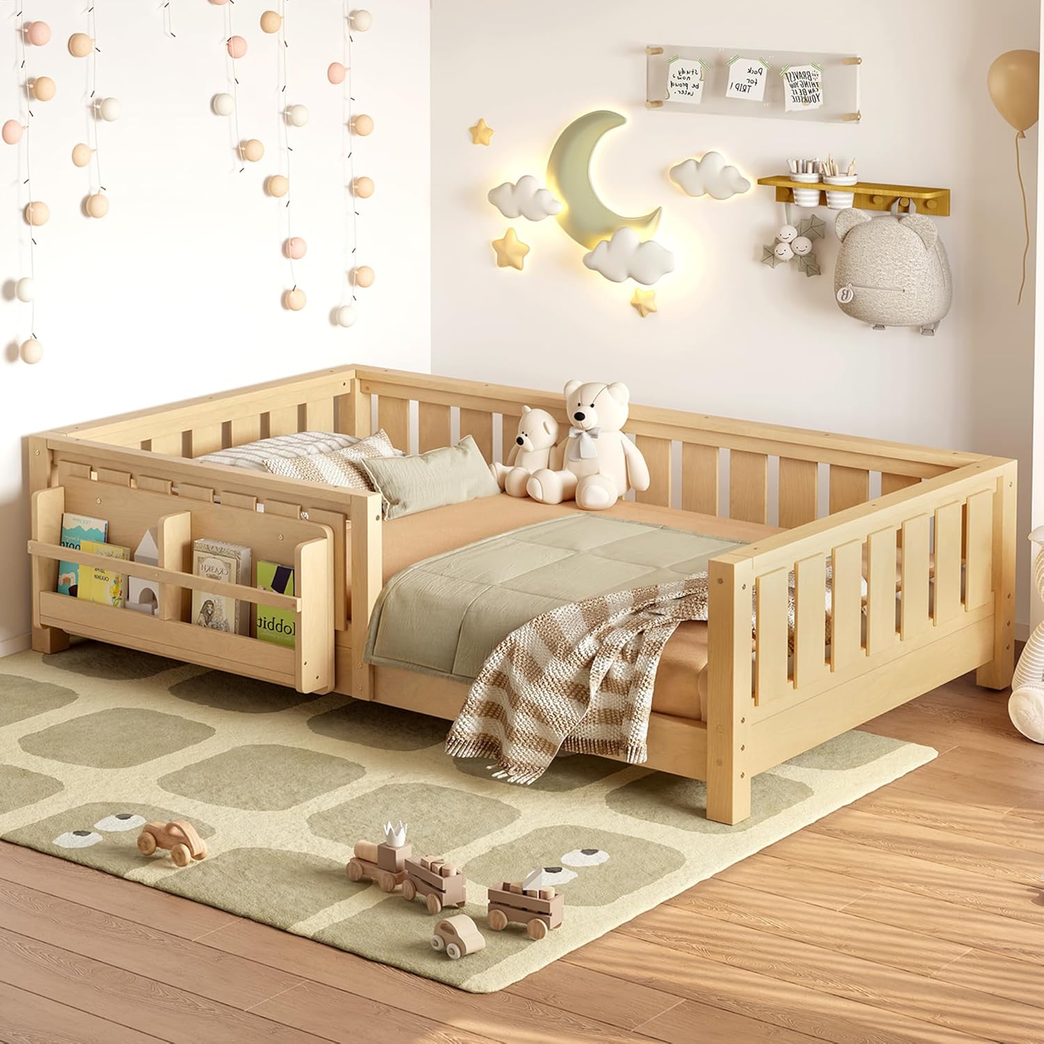 Bellemave Twin Floor Bed with Slats and Safety Guardrail, Twin Size Montessori Floor Bed with Fence and Built-in Bookshelf, Easy Assemble Montessori Beds for Kids, Girls, Boys, Light Natural