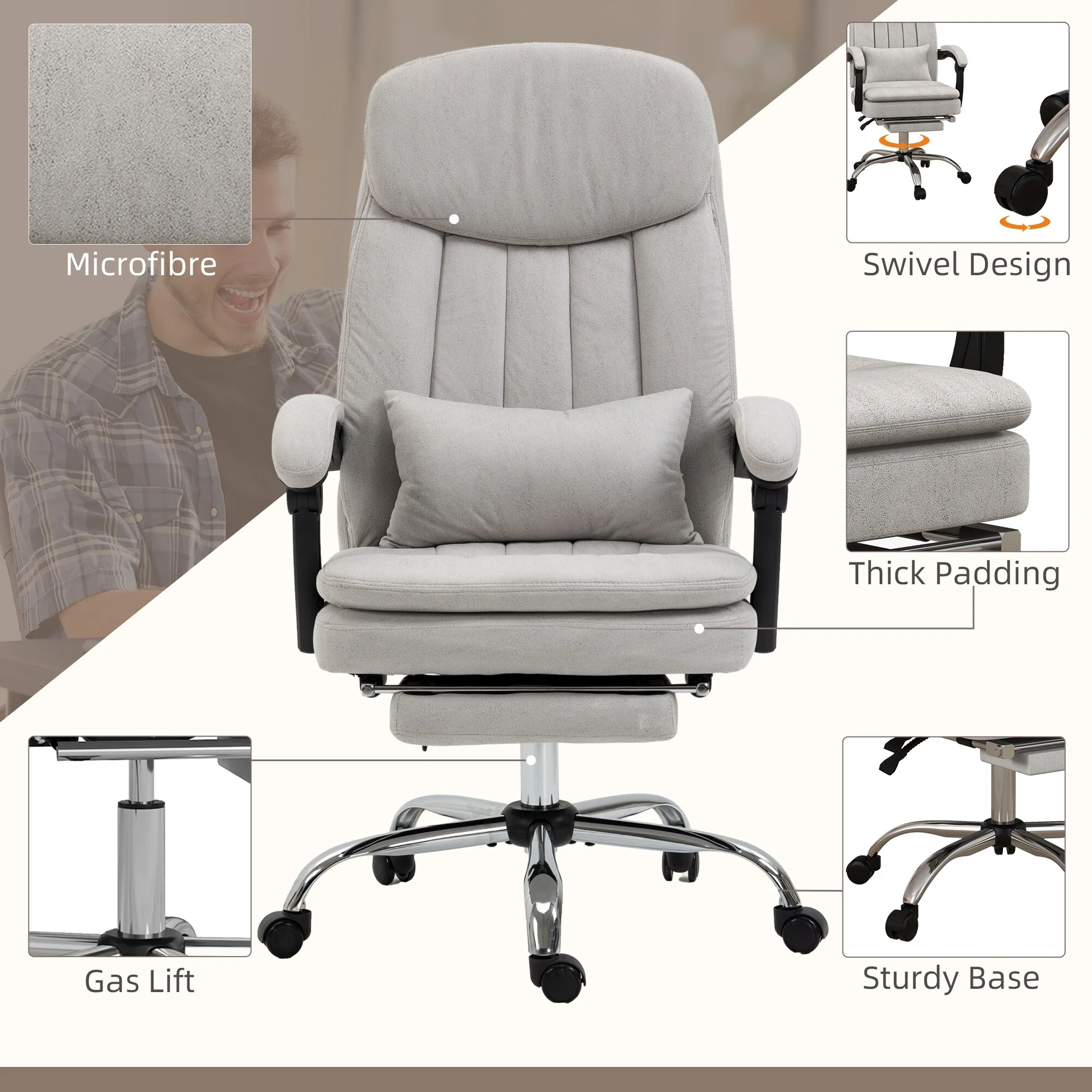 Light Grey Microfibre 360° Swivel Office Recliner with Vibration Massage, Lumbar Heating, Lumbar Pillow, Footrest