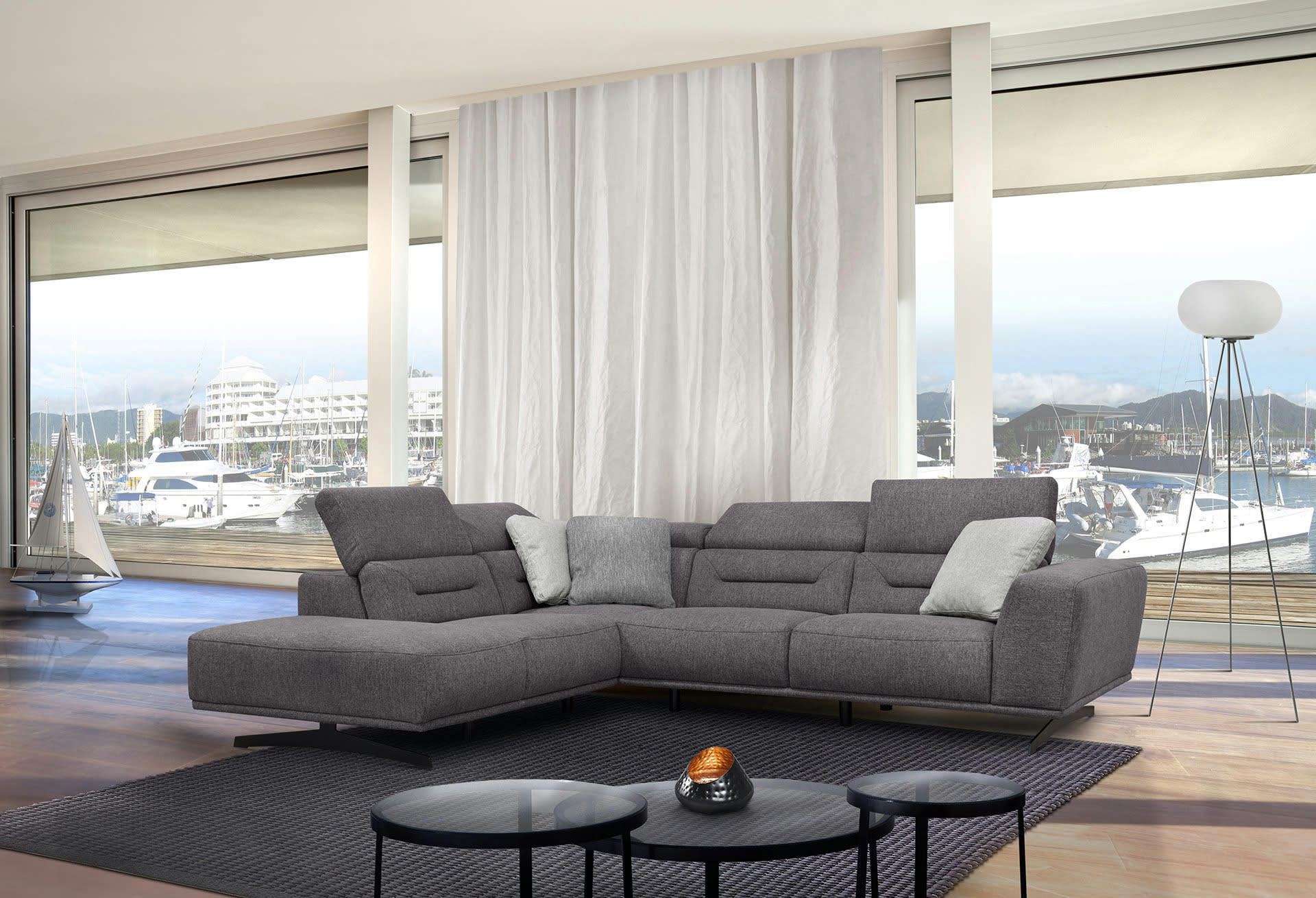 LUCANO - Canapé d'angle gauche 5 places tissu gris foncé