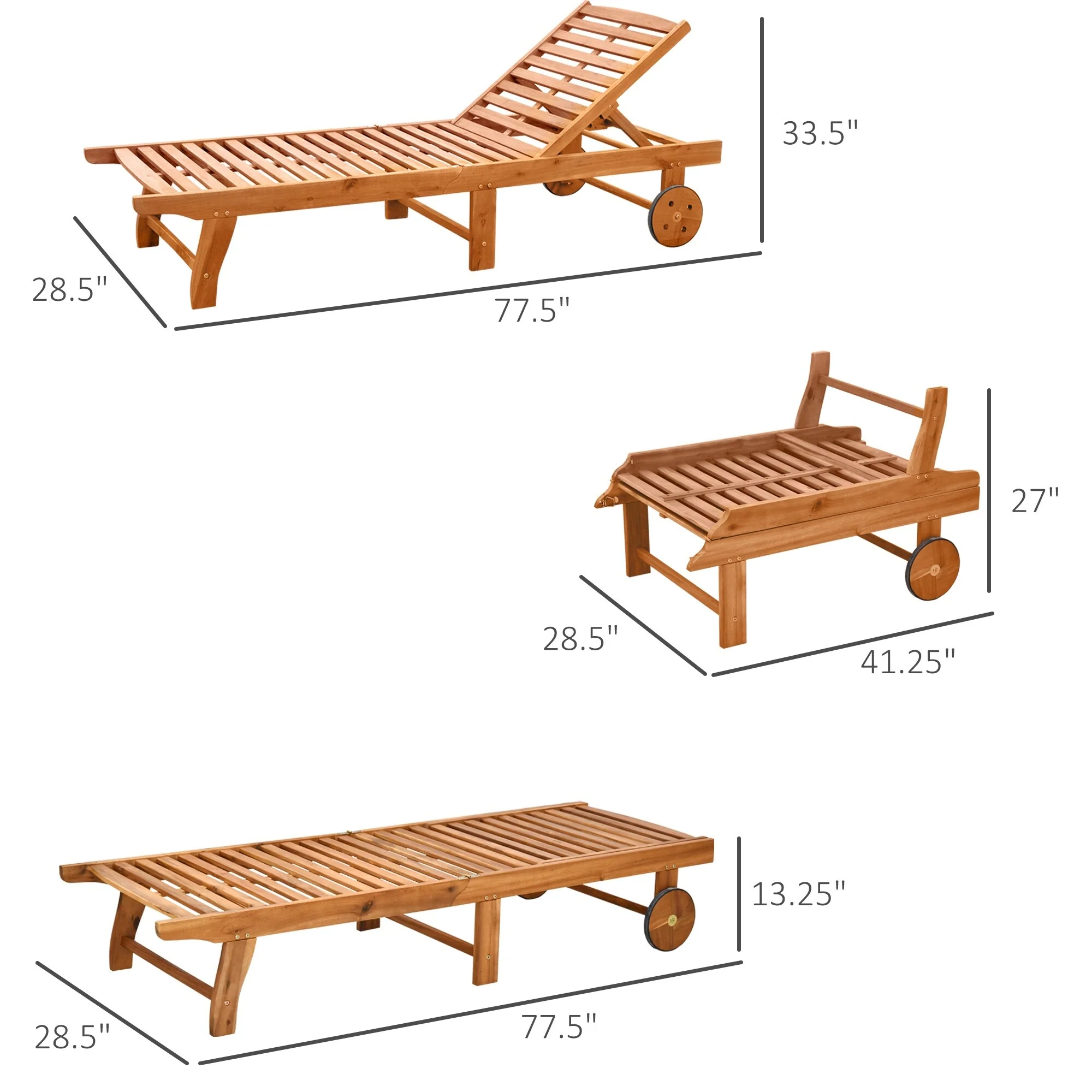 Foldable Wood Outdoor Chaise Lounge with Wheels and 4-Position Adjustable Backrest for Patio Poolside or Beach