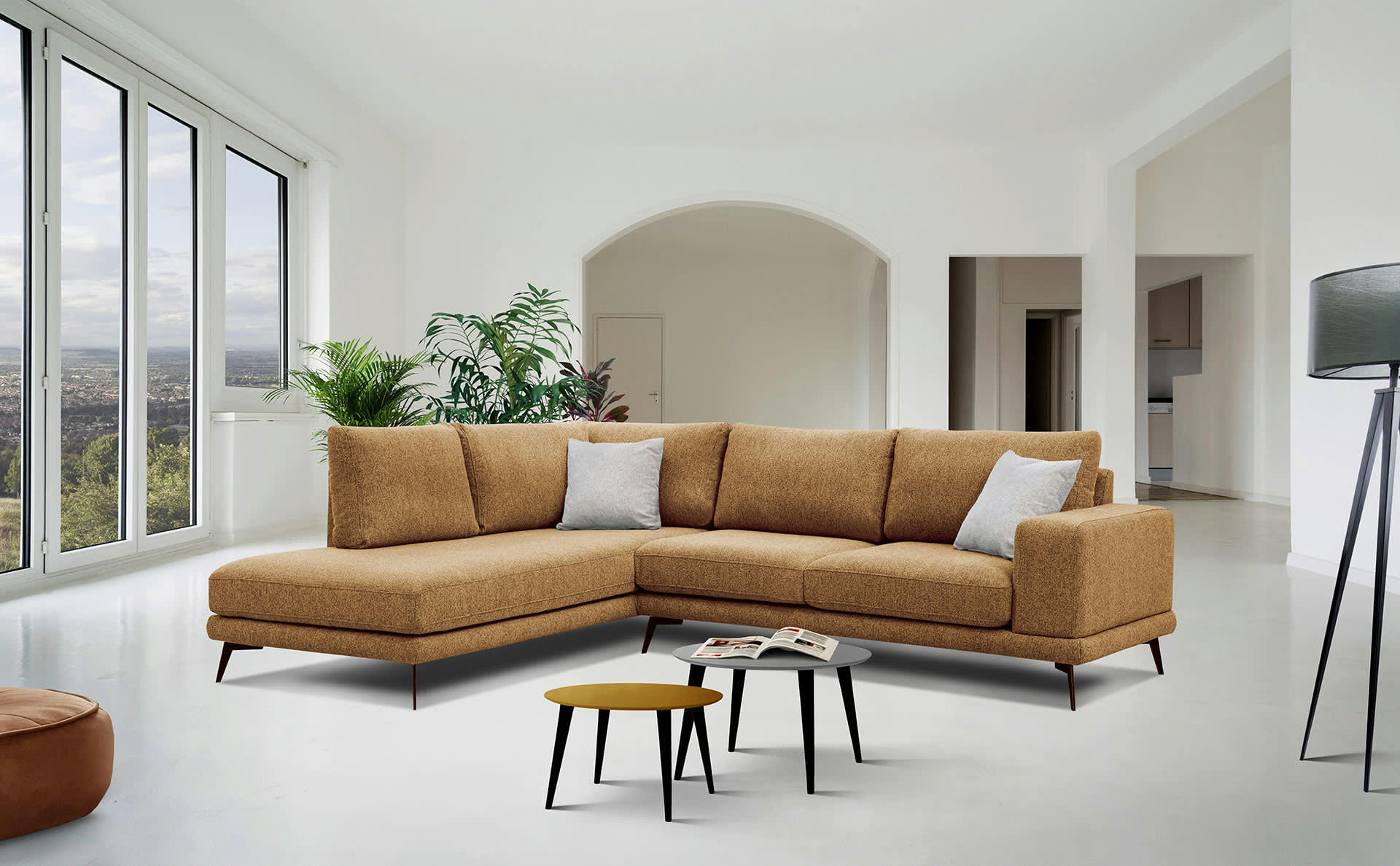 MEDIOLANE - Canapé d'angle gauche 5 places tissu orange