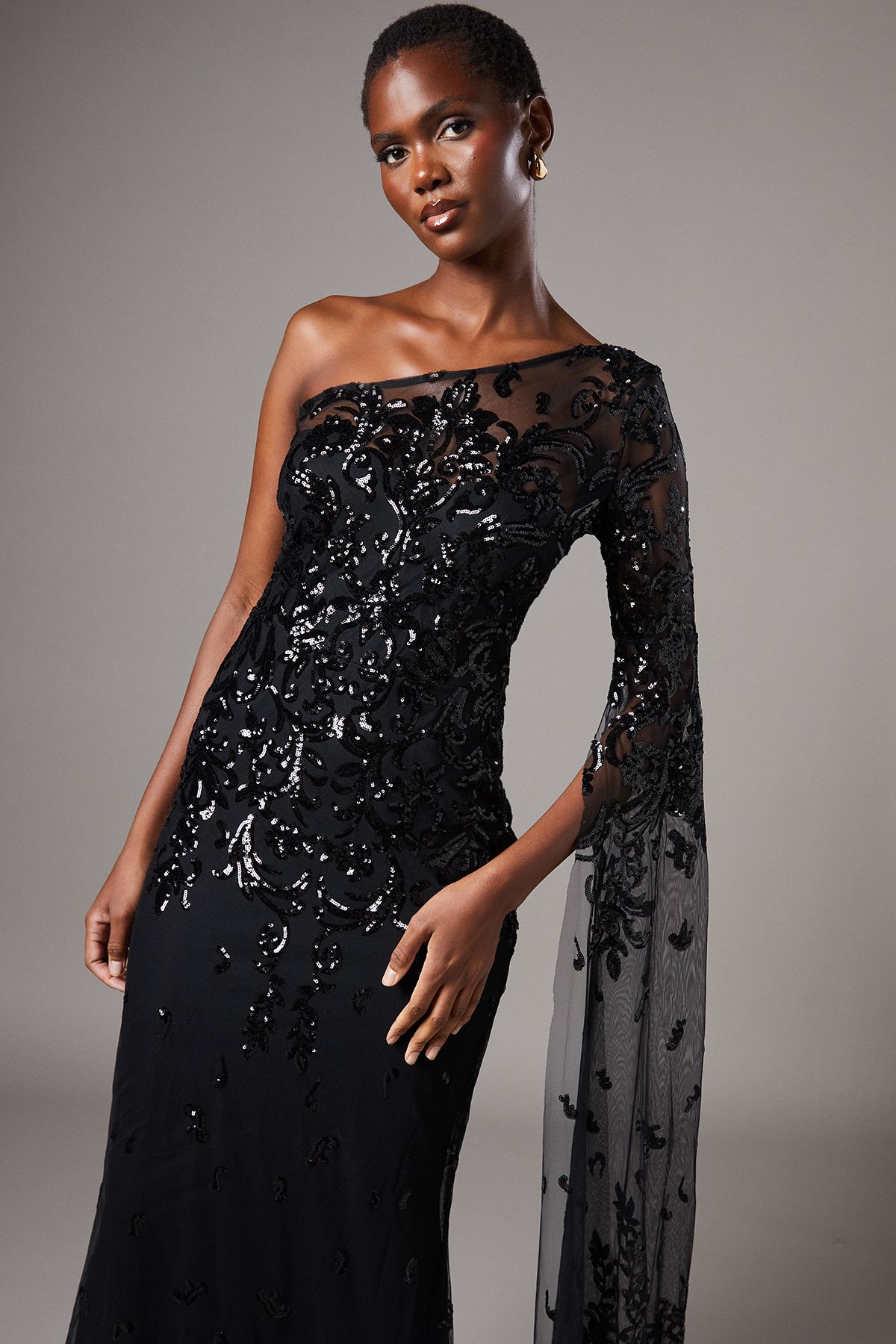 Coast One Shoulder Maxi Dress In Lace With Cape Sleeve