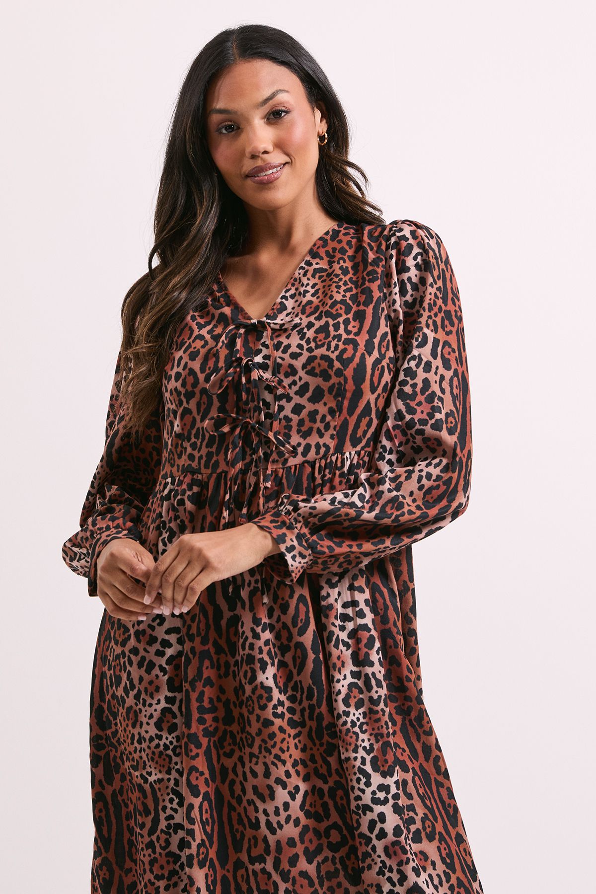 Dorothy Perkins Leopard Animal Bow Front Blouson Sleeve Printed Midi Dress