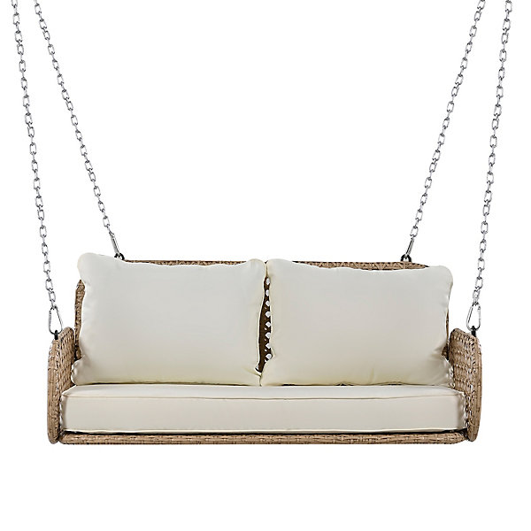 Balancelle suspendue double en PE rotin beige avec coussins et 2 chaînes