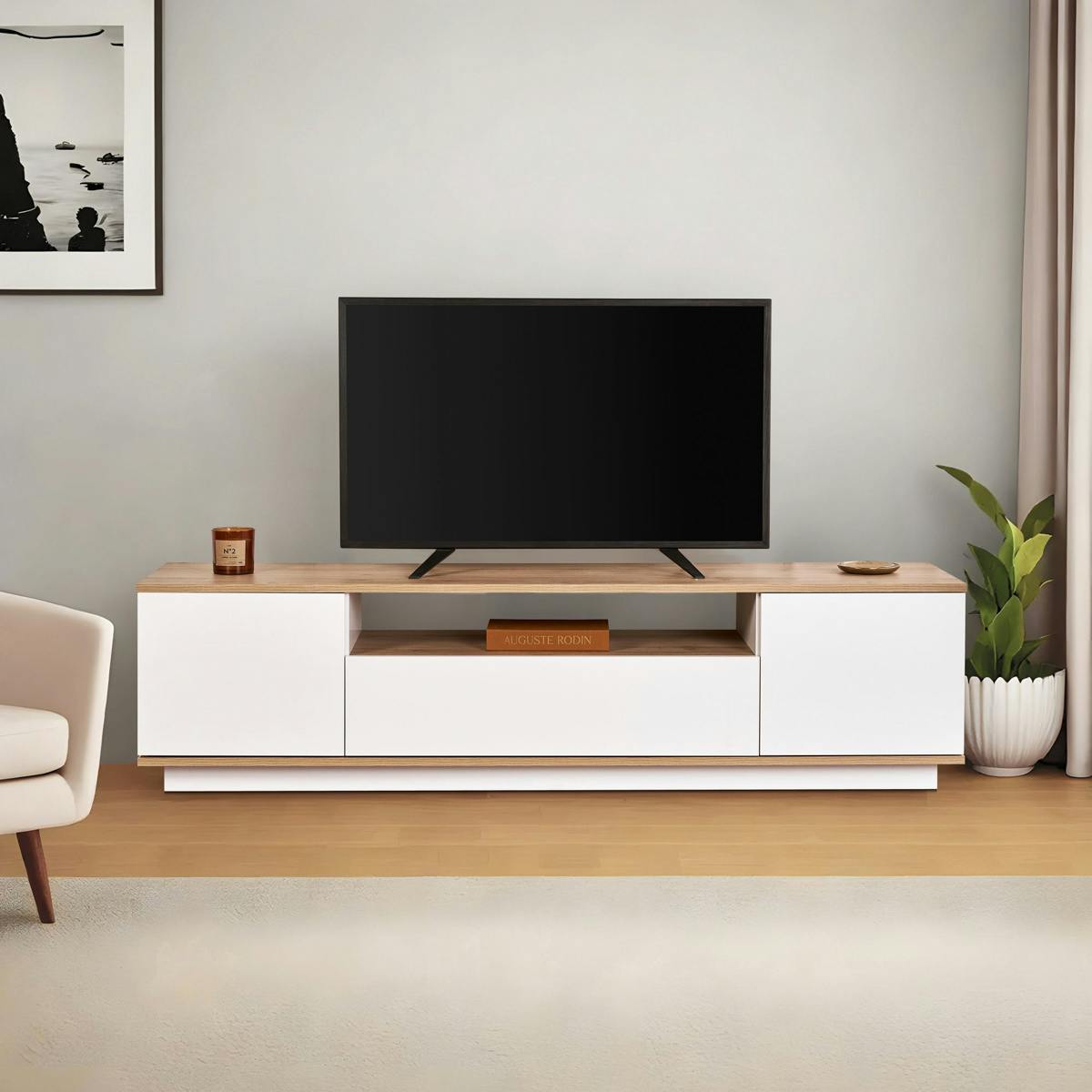Meuble TV moderne 3 portes blanc et effet chêne MARFA
