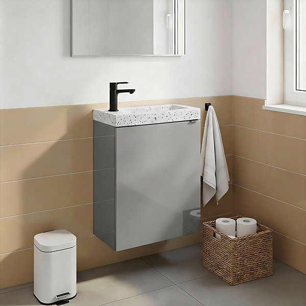 Meuble lave-mains suspendu gris brillant l.44 cm Imandra   plan vasque terrazzo, GoodHome
