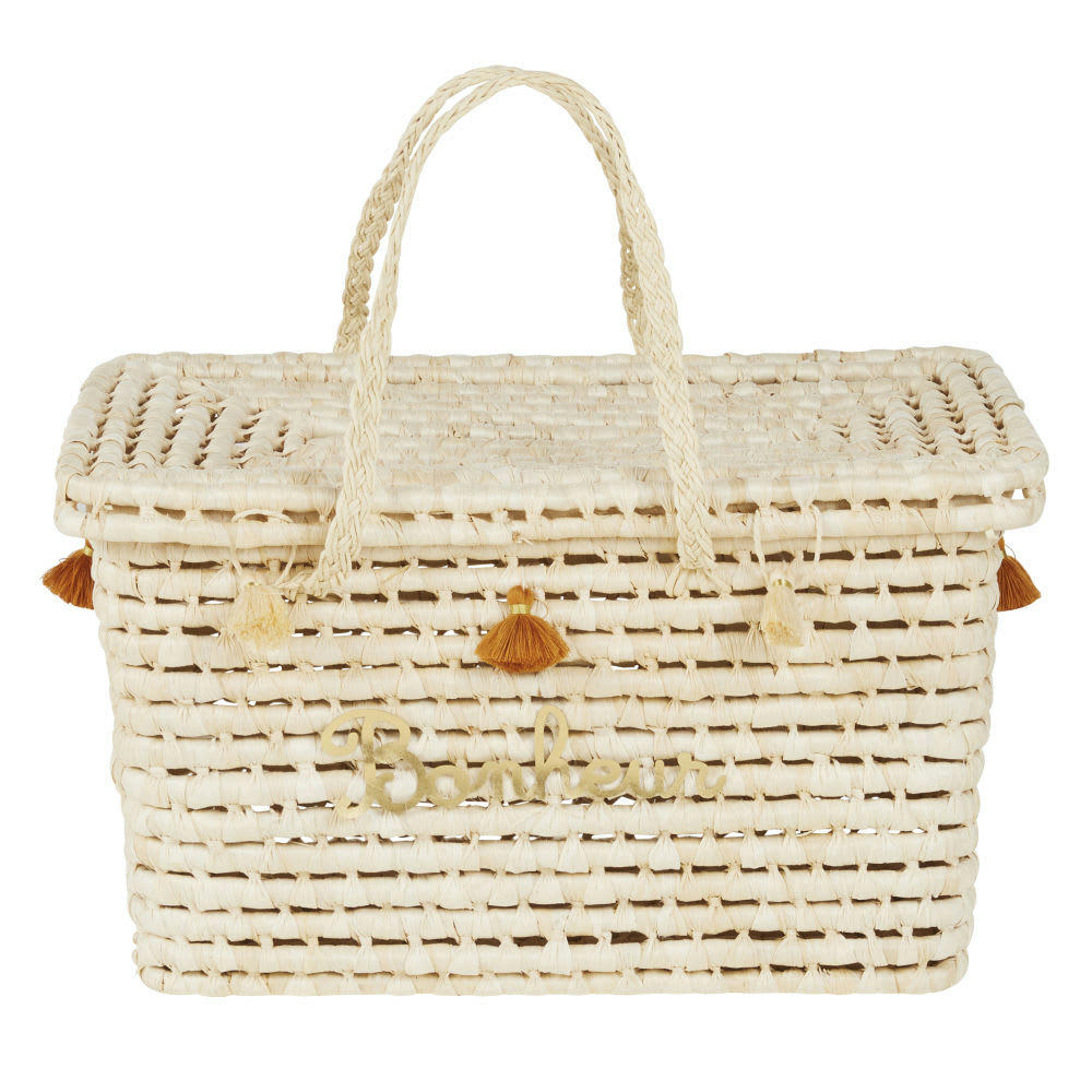 BONHEUR - Malle en fibre végétale tressée beige, dorée et marron