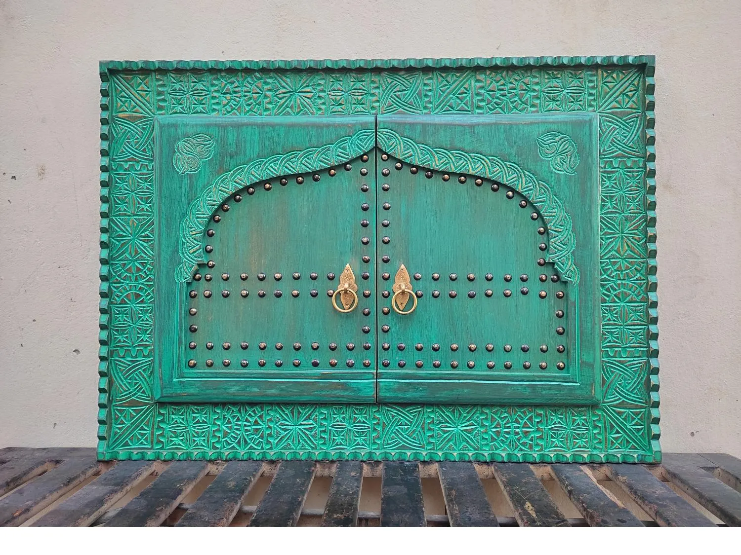 Custom Handcarved Moroccan Decorative Door, Fireplace Cover, Electrical Box Cover Like a Moroccan Door in Vintage Style with Brass Hardware.