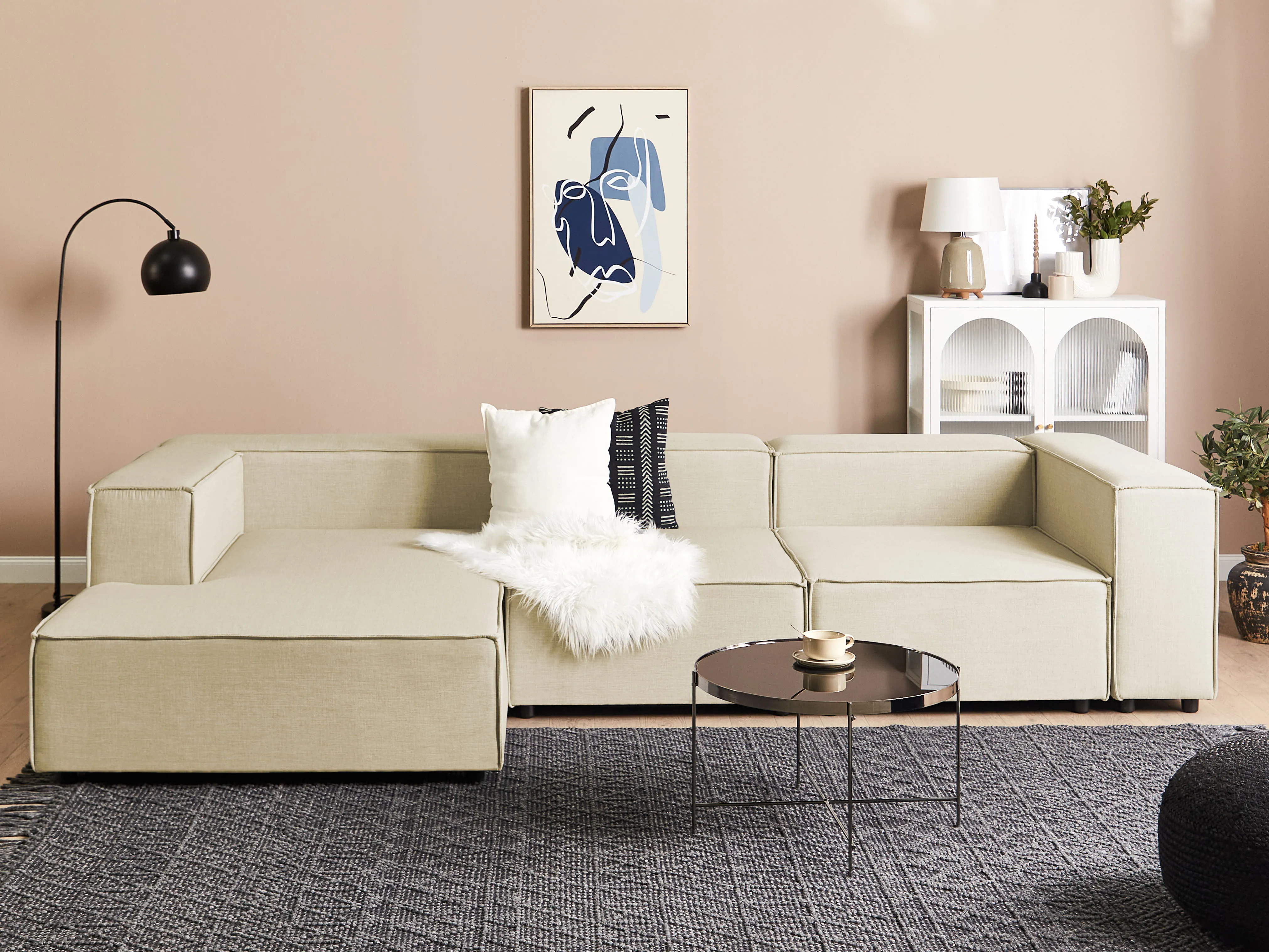 Modular Corner Sofa 3 Seater APRICA Faux Linen Beige Right Hand