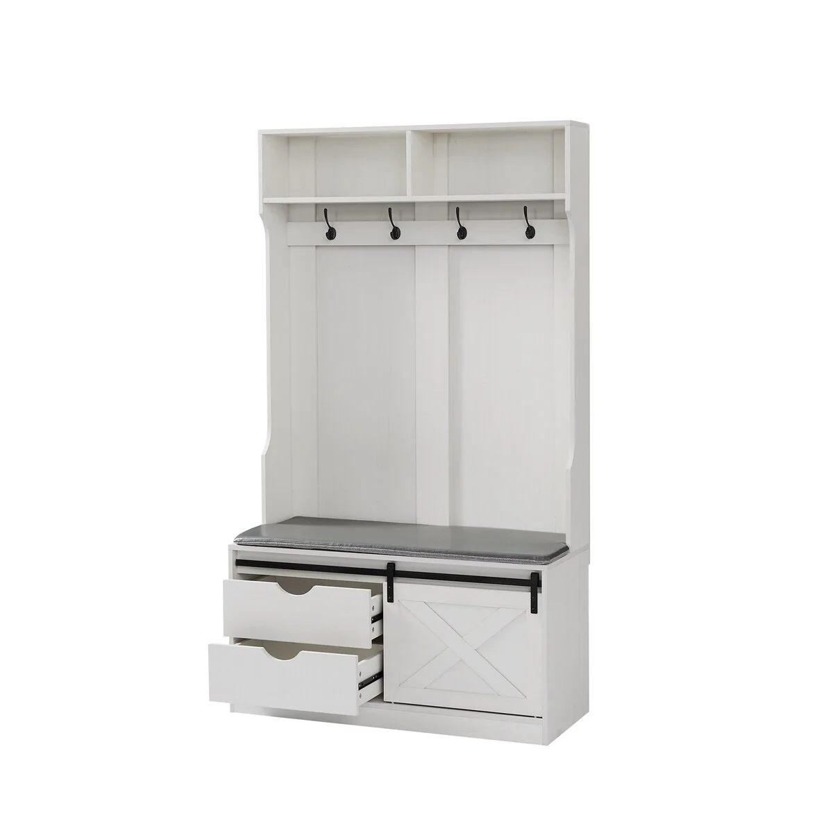 White Storage Hall Tree with Drawer, Shelves