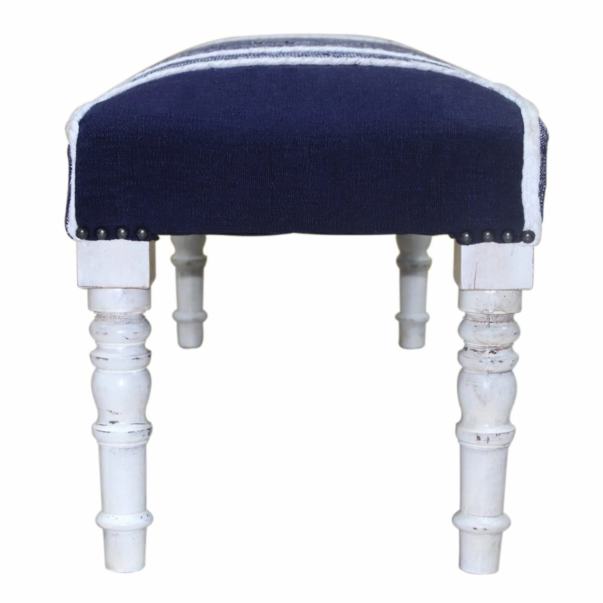 Wood Navy Blue Cotton Upholstered Bench Plaid Embroidery Nailhead Trim - 6” D x 47” W x 18” H