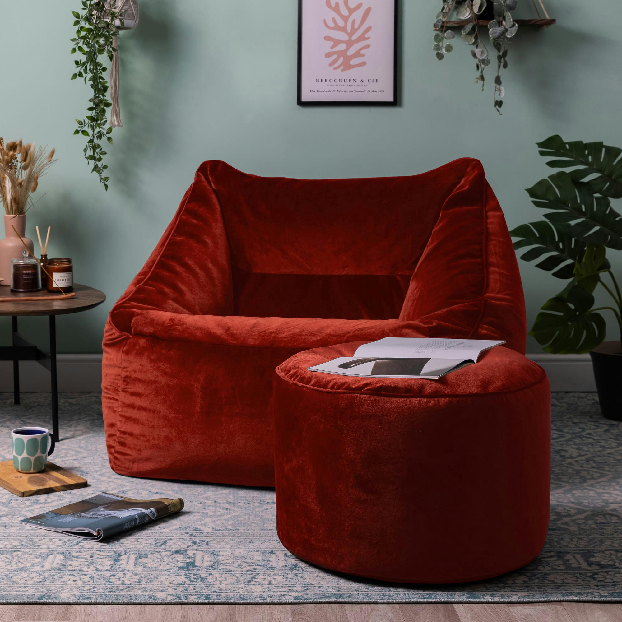 NATALIA - Pouf fauteuil avec repose-pied rond velours terracotta
