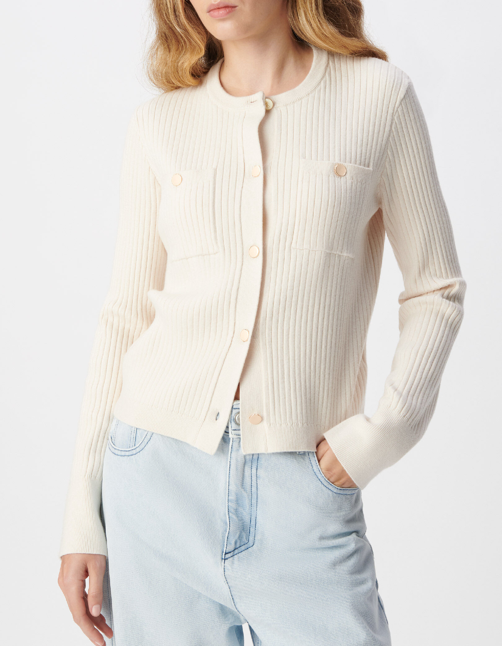 Cardigan manches longues écru tricot côtelé Femme