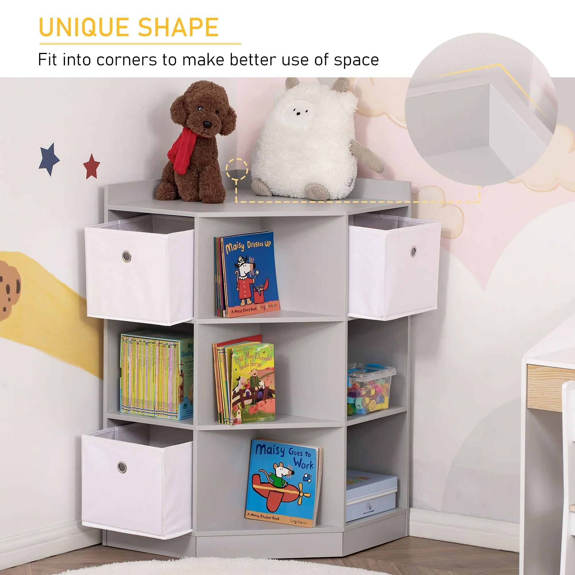Kids Corner Cabinet, Cubby Toy Storage Organizer, Bookshelf Unit with Three Baskets for Playroom, Bedroom, Living Room