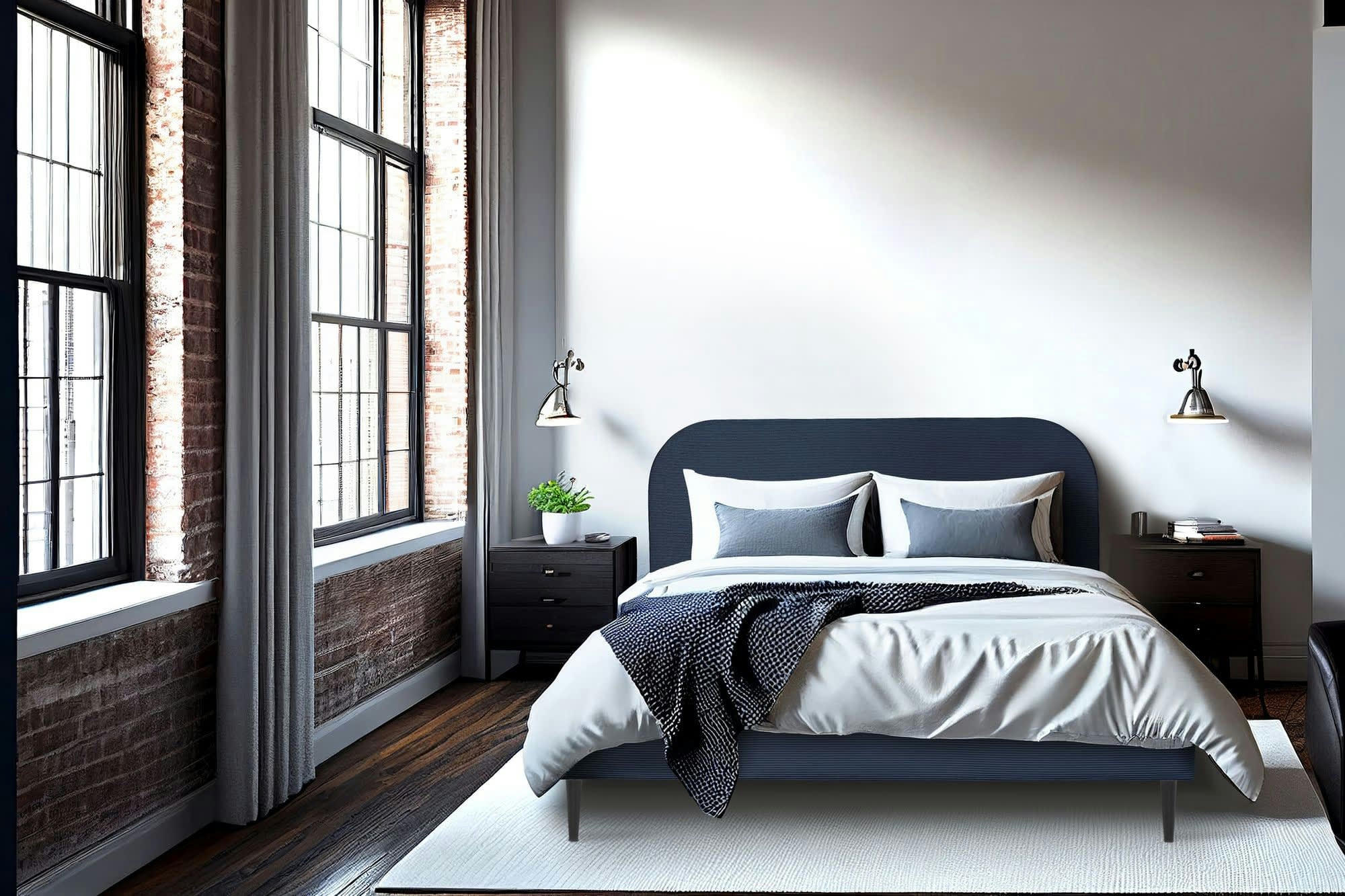 TIM - Lit avec sommier 2 places  en velours côtelé bleu nuit 160x200