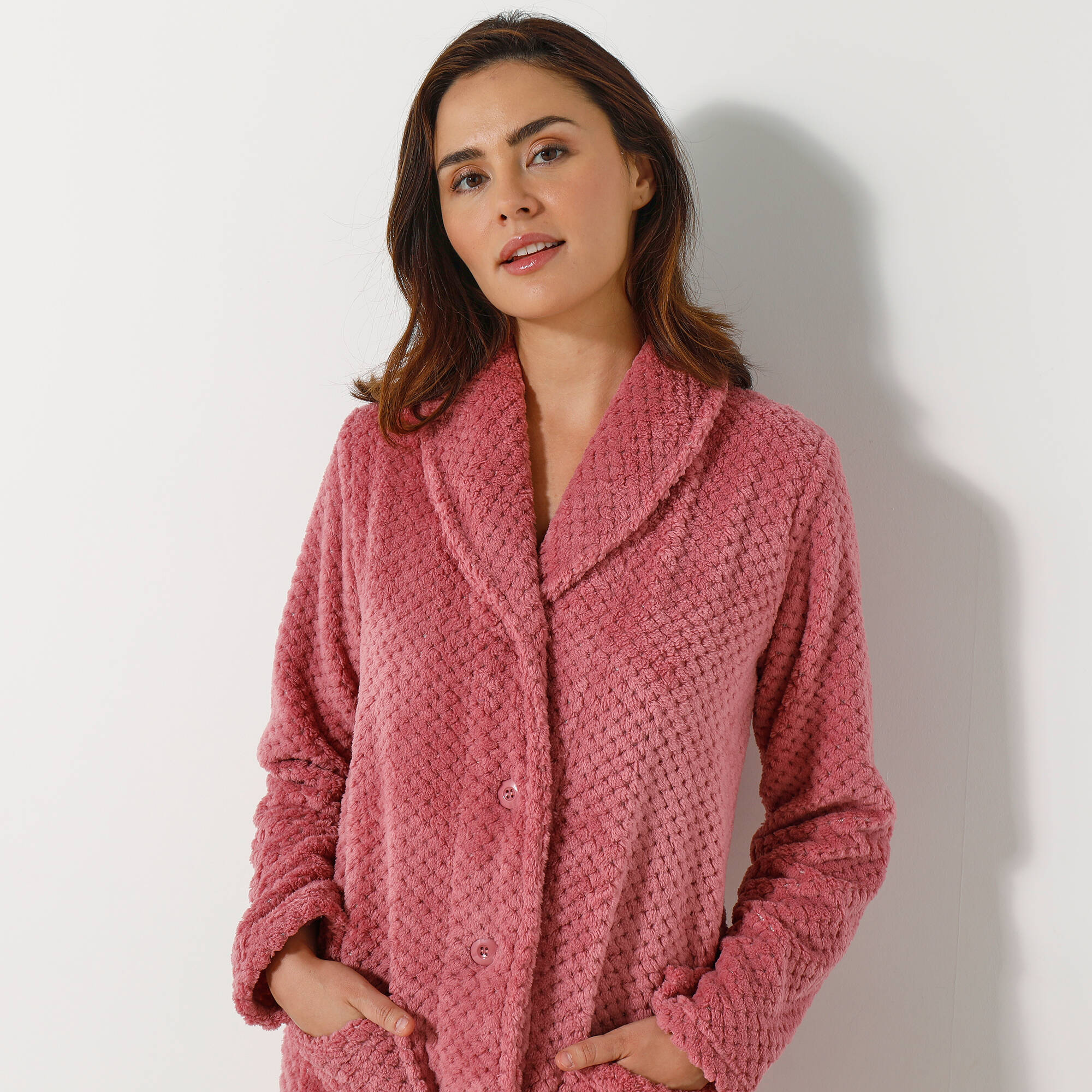 Robe de chambre maille polaire col ch&acirc;le - Longueur 95 cm