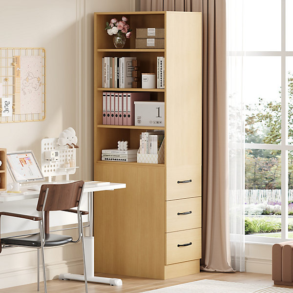 Bibliothèque de 180 cm de haut - avec 3 tiroirs latéraux - étagères réglables - Réversible gauche/droite - Naturel
