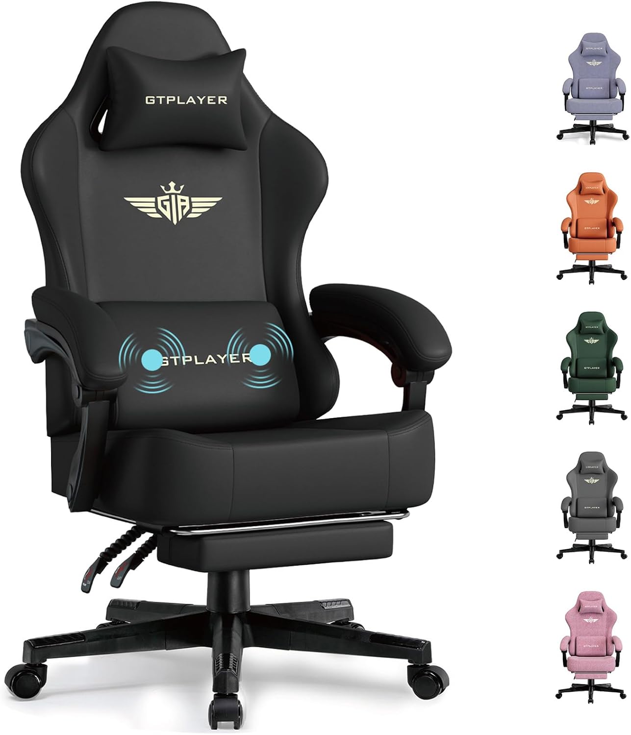 GTPLAYER Gaming Chair with Pocket Spring Cushion, Big and Tall Gamings Chairs 350LBS High Back Computer Chair with Footrest for Adults Lumbar Support Swivel Game Chair for Office,Leather Black-Massage