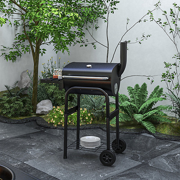 Barbecue charbon de bois avec couvercle 2 roues tablette pliable étagère cheminée thermomètre grilles acier chromée