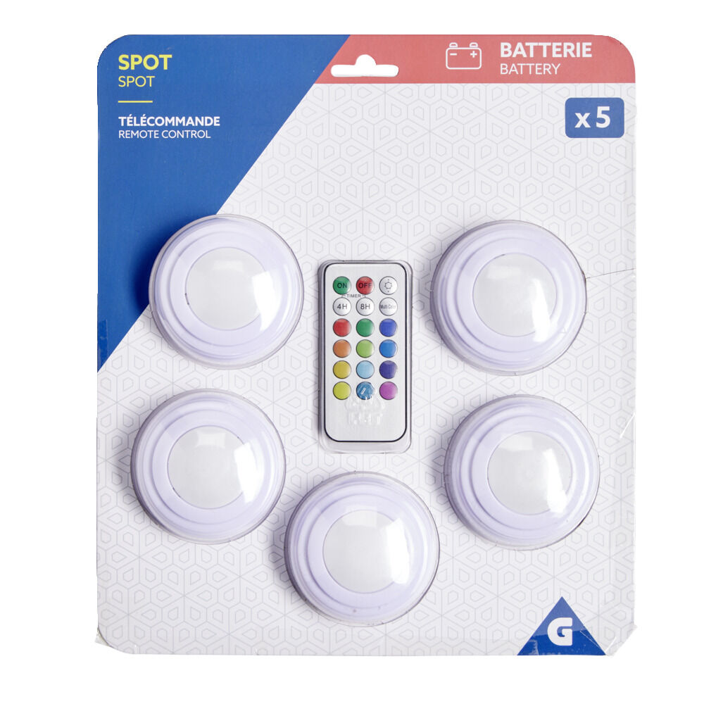 Spot LED x5 RGB avec télécommande Ø6,8cm
