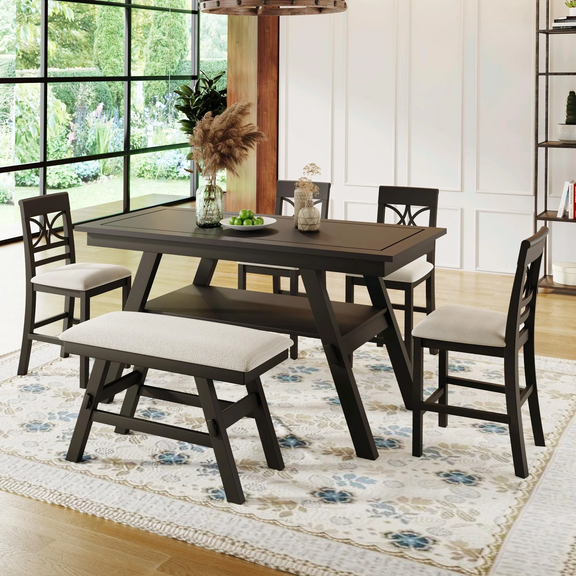 6-Piece Wood Counter Height Dining Table Set with Storage Shelf, Kitchen Table Set with Bench and 4 Chairs