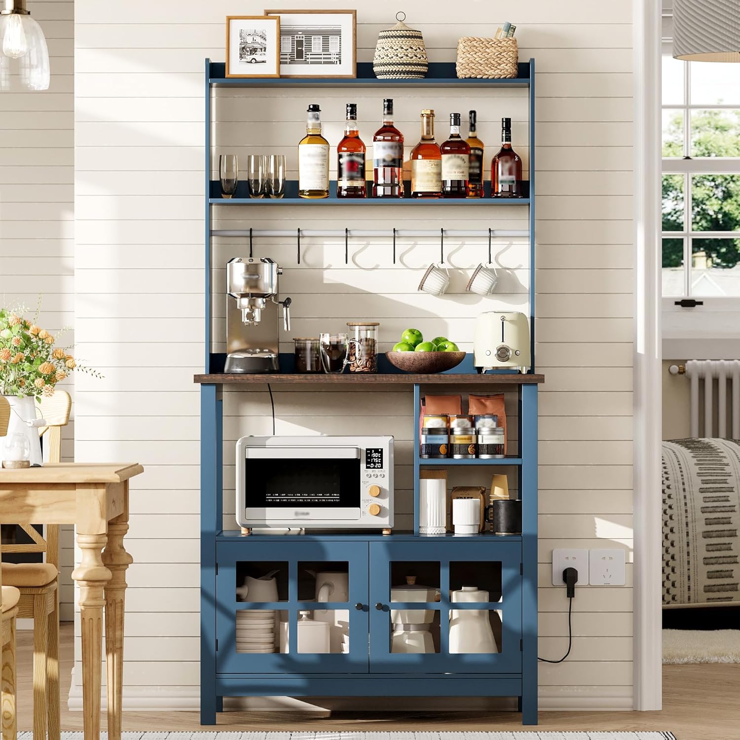 ChooChoo Farmhouse Coffee Bar Cabinet with Storage, Bakers Rack with Power Outlets, Microwave Stand Kitchen Cabinet with Hutch and 6 Hooks, Blue