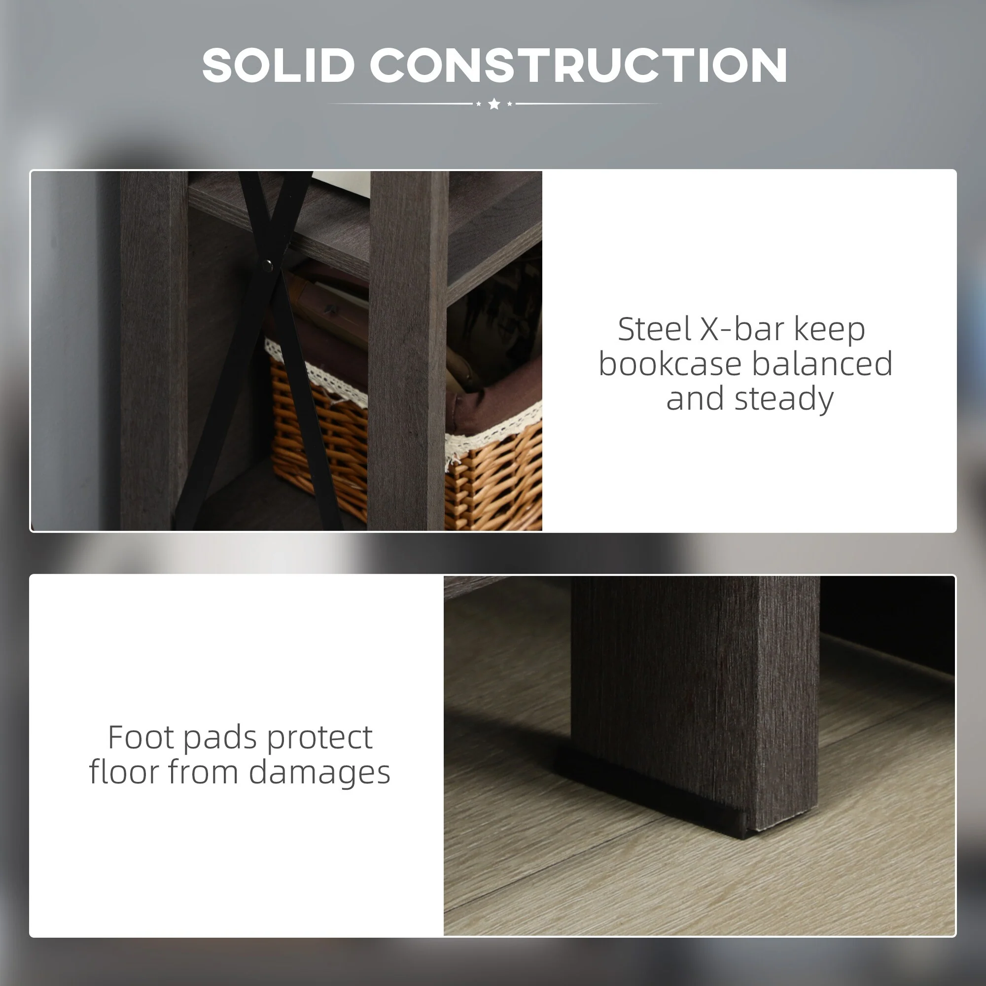 Industrial Style Corner Open Bookshelf with Storage Shelves and Metal X Bar Frame for Living Room