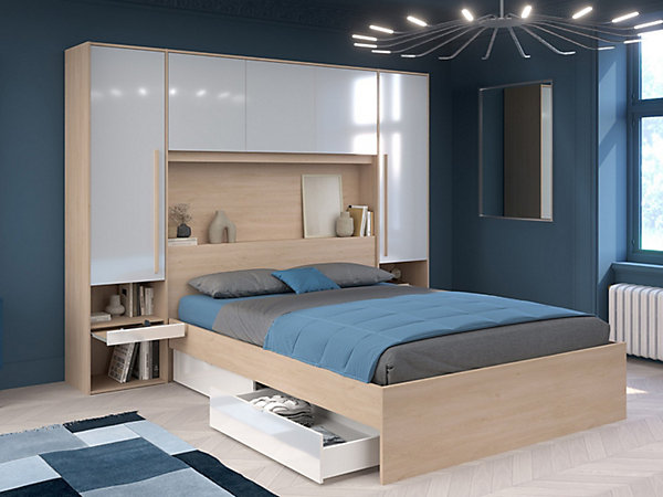Lit pont 160 x 200 cm avec rangements - avec LEDs - Coloris : Naturel et blanc brillant - VELONA