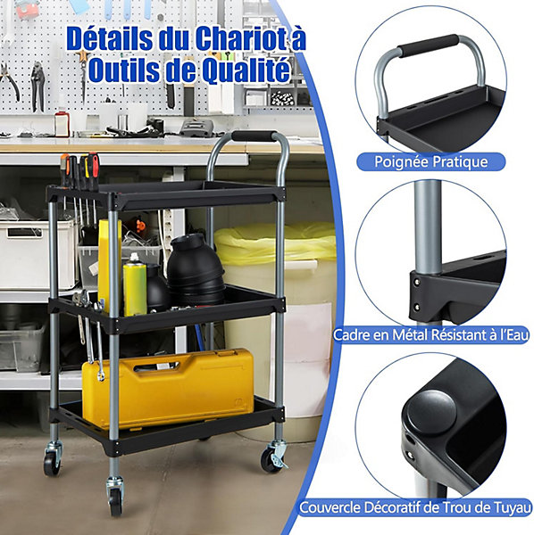 Chariot Servante Outils, Chariot de Service Porte Outils à 3 étagères Atelier et Entrepôt, 64 x 40 x 102 CM
