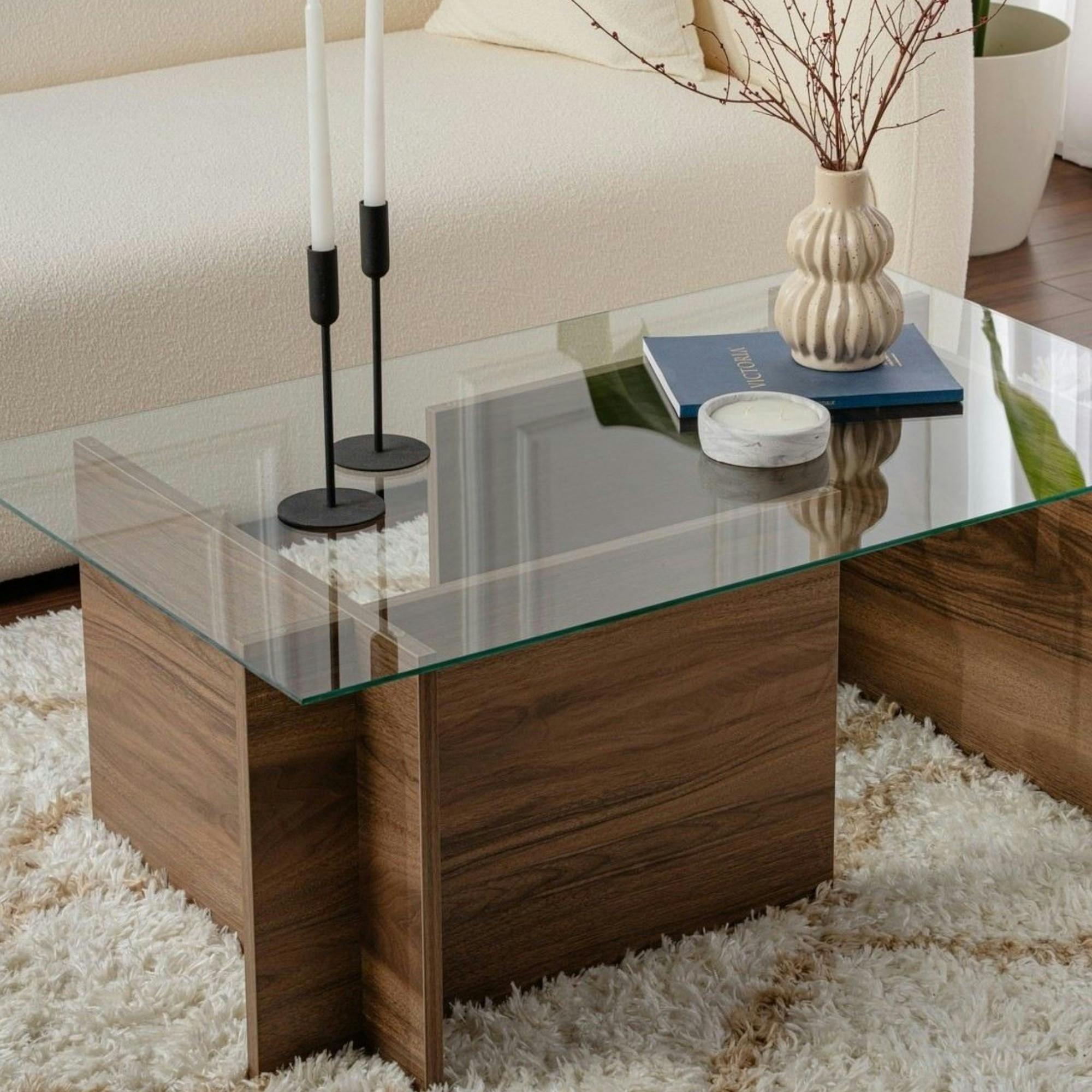 Table basse verre déstructurée – effet bois noyer, H.40 cm SALTA
