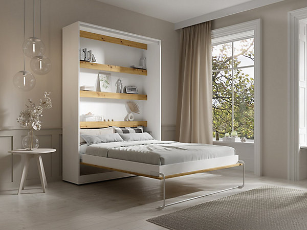 Lit escamotable 140 x 200 cm - Ouverture verticale manuelle - Avec LEDs - Blanc et naturel   Matelas - RAPILI