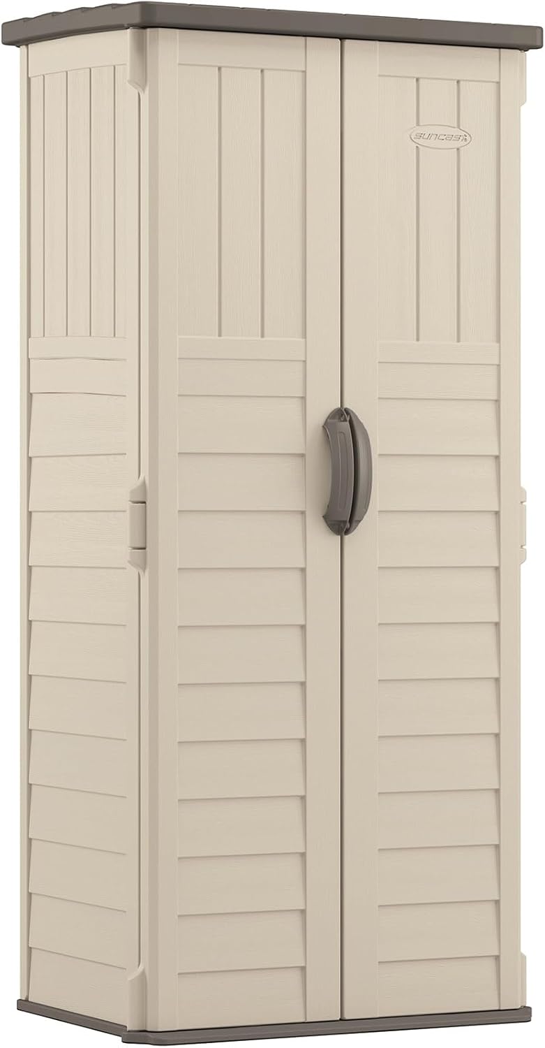 Suncast Vertical Outdoor Storage Shed with All-Weather Construction  Vanilla