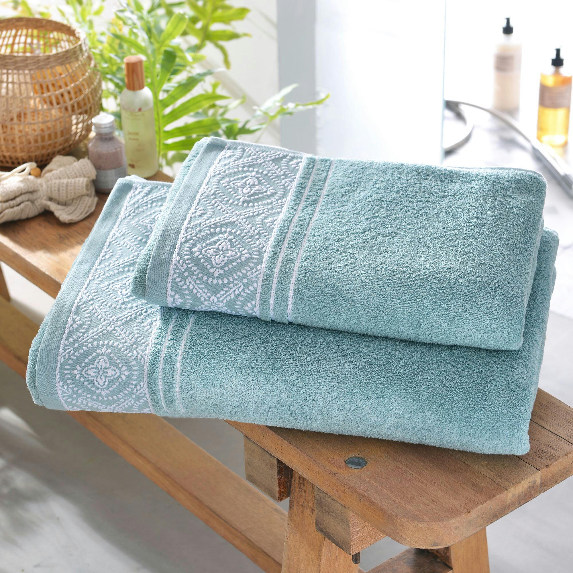 BYSANTINE - Lot de 2 gants de toilette 15x21 vert en coton 450 g/m²