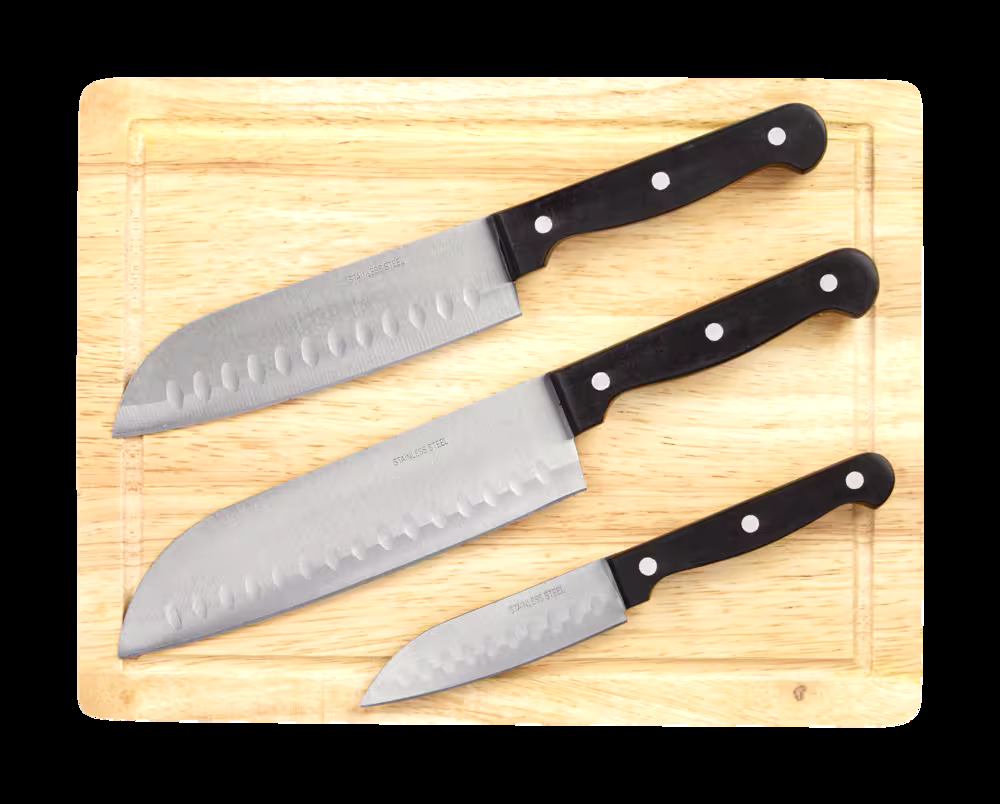 MASTER Chef Stainless Steel Santoku Knife Set with Wood Cutting Board, 4-pc