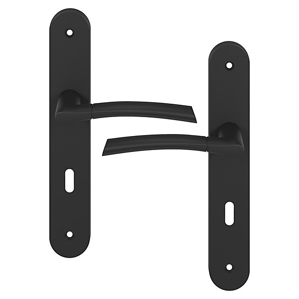 Ensemble poignée sur plaque rond serrure GoodHome Hirel effet nickel mat noir L.128mm x l.40mm entraxe 195mm