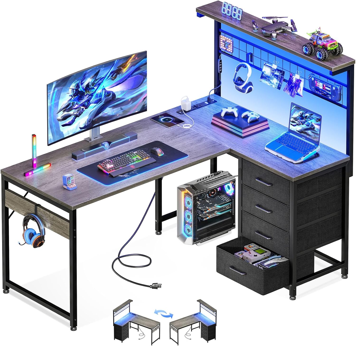 MOTPK 43” L Shaped Gaming Desk for Small Rooms, Compact Corner Computer Table with Shelf & Hutch, 4 Drawers, Reversible Study Table with LED Light, Power Outlets & USB Ports, Home Office, Grey Oak