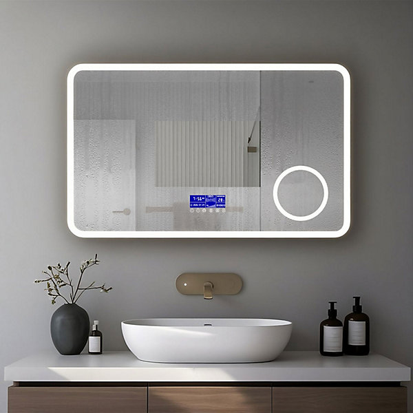 Miroir lumineux 100x60 pour salle de bain avec zone grossissante et hauts parleurs Bluetooth SANILAND