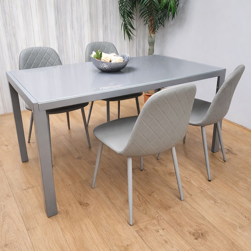 KOSY KOALA Modern Rectangle Grey Glass Dining Table Set With 4 Grey Gem Chairs Dining Room Furniture