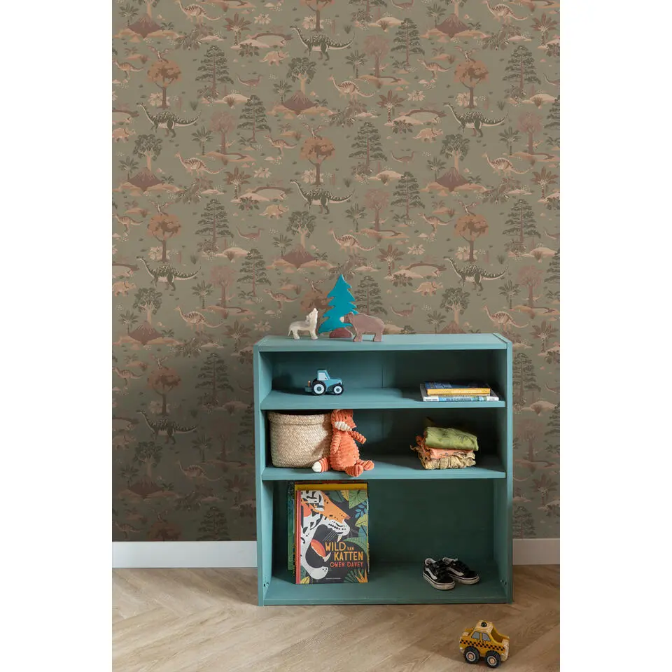 ESTAhome behang dinosaurussen vergrijsd groen en bruin - 50 x 900 cm