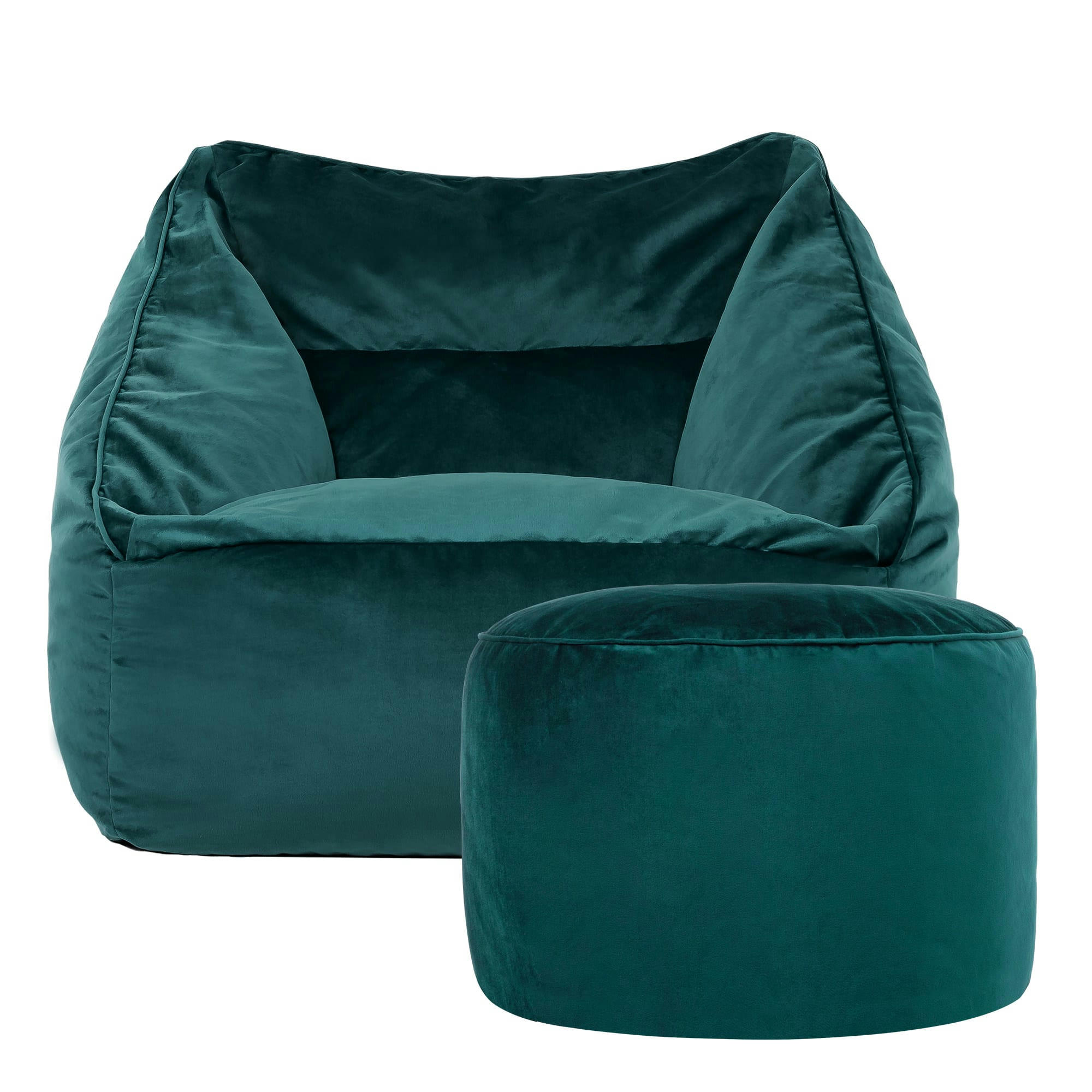 NATALIA - Pouf fauteuil avec repose-pied rond velours bleu canard